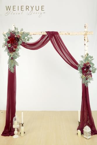 Artificial Wedding Arch Flowers Kit(Pack of 3),2Pcs Artificial Flower Arch Decor,1Pcs Sheer Drape for Wedding Ceremony Arbor for WeddingCeremony (Wine red Memory) - color: Wine Red Memory