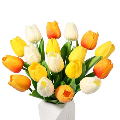 Beferr 18pcs Tulips Artificial Flowers Faux Tulip Real Touch Tulip Fake Flowers Bouquets Arrangements for Mothers Day Spring Easter Wedding Home Table Decor Blush - color: D-18pcs-3colors-colorful-5, size: 18PCS