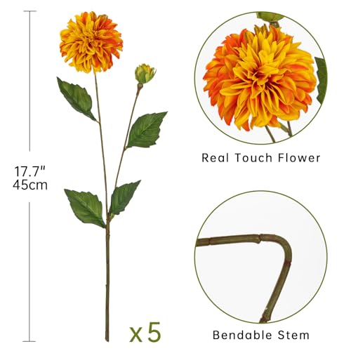 Hollyone Orange Dahlia Artificial Flowers 5Pcs Fake Dahlia Flowers for Decoration Silk Flower with Long Stem 17.7" Floral Arrangements Bouquets Indoors Outdoors Faux Dahlias Centerpieces Home Decor - color: Orange