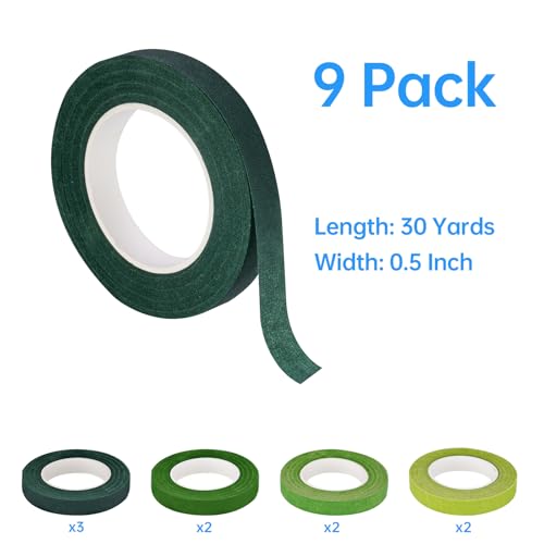 NiHome 9 Rolls 0.5" Wide Crepe Paper Floral Wrapping Tape for Flower Stems, Bouquets, Arrangements, DIY Crafts, Gift Wrapping, Decorations, Floral Designs, 4 Green Shades Variety Pack, 30 Yards Each