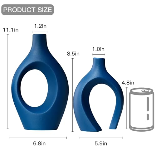 Levvohd Snuggle Hollow Ceramic Vase Set of 2, 11 inch Modern Nordic Coastal Shaped Pampas Grass Aesthetic Decorative Table Vases for Living Room Shelf Home Decor (Matte Navy Blue -L) - color: Matte Navy Blue - Xl