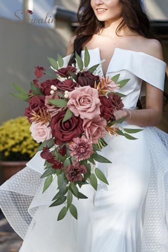 Serwalin Artificial Flowers Wedding Flowers, Fake Burgundy Flowers Pink Bridal Shower Centerpieces Silk Flower, Home Decor DIY - color: Burgundy Pink Roses, size: Square