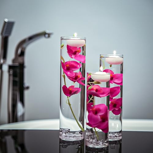 Floating Flower for Table Centerpiece Artificial Light Purple Orchid Glass Cylinder Vase Set with Floating Candles Fake Ice Cubes for Wedding Party Home Bar Restaurant Festival Decoration - color: Purple