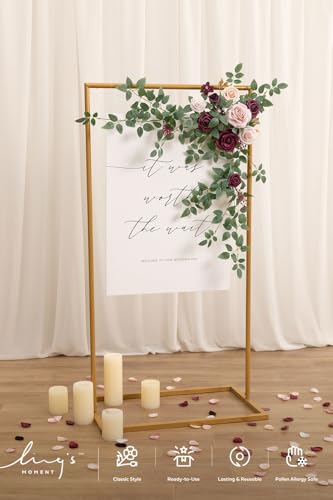 Ling's moment Wedding Artificial Welcome Sign Flowers Swag Arch Floral Garland Decorations Marsala Blush Ceremony Reception Entrance Entryway Party Banquets Easel Wall Home Outdoor(NOT Include Sign) - color: Marsala & Blush