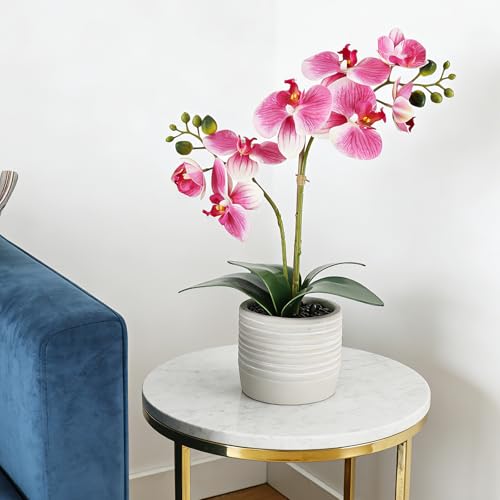 Orchid Artificial Flowers 15" Purple Fake Orchid Flowers in White Ceramic Pot for Home Decor Office Bathroom Table Centerpiece Indoor (Purple) - color: Purple-white