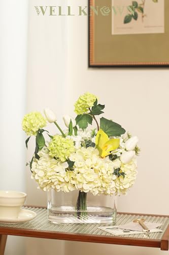 WELL KNOWN Artificial Flowers in Vase, Fake Hydrangea Tulips Flowers Bouquet in Vase, Spring & Summer Decor as Dining Table Centerpiece for Home Housewarming Wedding Party & Mom's Gift (Green) - color: Green Max