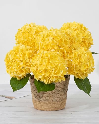 DuHouse 3Pcs Hydrangea Artificial Flowers,Latex Real Touch Hydrangeas with Long Stems & Leaves for Home Decor Party Floral Arrangements Wedding Bouquets Centerpieces(Yellow) - color: Yellow, size: 3pcs