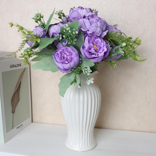 12 Pcs Artificial Peonies Silk Flowers, Fake Peony Bouquet Boho Faux Flowers Arrangements for Wedding Home Centerpiece Table Decoration (Dark Purple) - color: Dark Purple