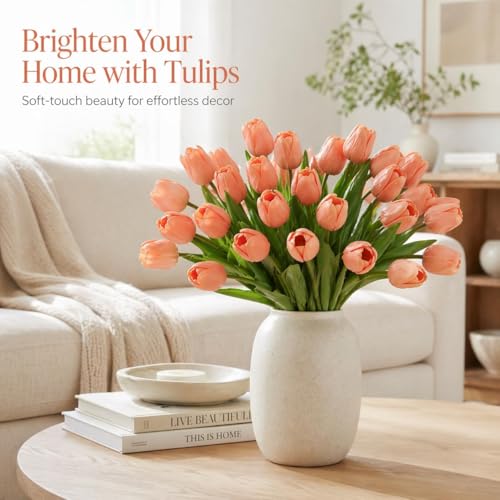 MACTING 30PCS Artificial Tulip Flowers 13.7" Real Touch Fake Tulips Faux Flowers for Floral Arrangements Table Centerpieces Kitchen Dining Room Mothers Day Summer Decorations,Light Orange - color: Light Orange