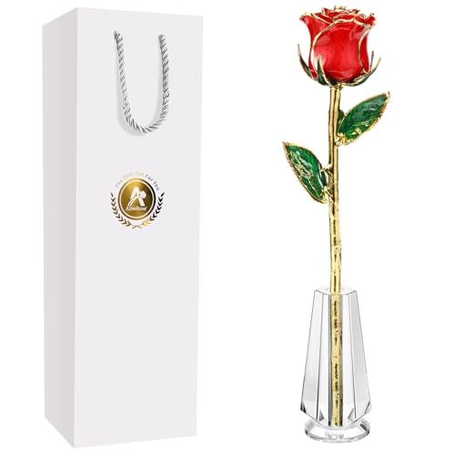 AliveRose Valentines Day Gifts for her, 24K Gold Rose Made from Real Rose - Unique Design 24K Dipped Roses for Anniversary Valentines Mothers Day Birthday Gifts (Red Original with Crystal Vase) - color: 1. Red Original Rose With Crystal Vase