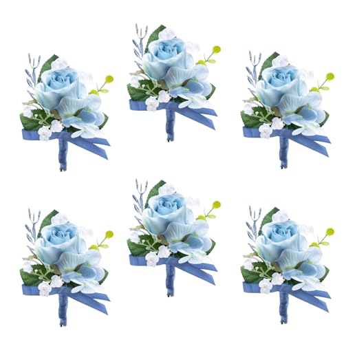 Marriwise 6pcs Light Blue Boutonniere for Men, Artificial Silk Rose Flowers Wedding Groom Groomsmen Boutonniere for Wedding/Anniversary/Prom/Rustic Wedding/Homecoming (Light Blue) - color: Light Blue