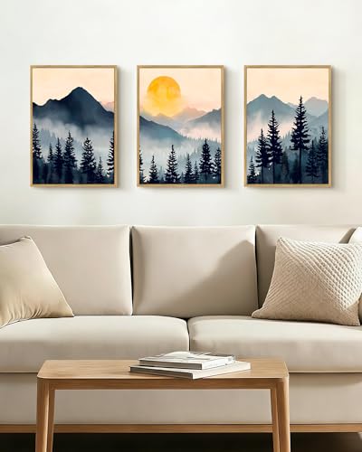 PHOPAGO Blue Fog Pine Tree Mountain Landscape Framed Wall Art Retro Watercolor Nature Misty Forest Artwork Paints Sun Rise Rustic Farmhouse Home Decor - 12x16in Natural Framed - color: Blue Mountain, size: 16L" x 12W" x 3 Pcs Natural