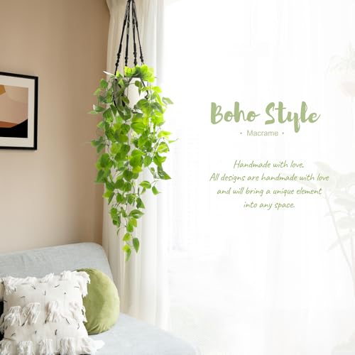 Mkono Fake Hanging Plant with Pot, Artificial Plants for Home Decor Indoor Macrame Plant Hanger with Fake Vines Faux Hanging Planter Greenery for Bedroom Bathroom Kitchen Office Decor (1, Black) - color: Black