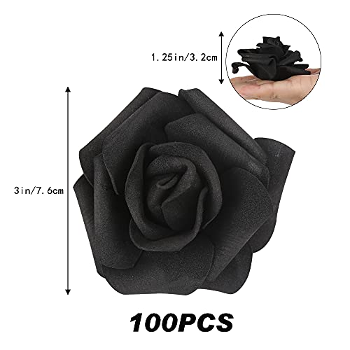 IPOPU Artificial Rose Flower Heads, 100 Pcs Real Looking Black Foam Fake Roses for DIY Wedding Baby Shower Centerpieces Arrangements Party Tables Home Decorations (Black, Stemless) - color: 100pcs Black