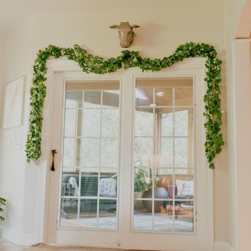 CQURE 8Pcs Eucalyptus Garland,Artificial Eucalyptus Leaves Table Greenery Garland Wreath Vines for Wedding Party Table Bedroom Wall Decor - size: 47.2 Ft with Flowers