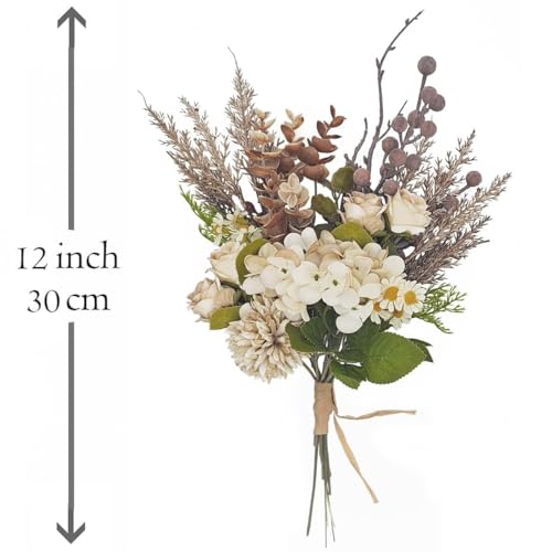 12-inch Small Fake Silk Flowers Fall Bouquet Faux Centerpieces with Roses, Dandelions, Hydrangea, Daisies, Hollyberries - Realistic Artificial Floral Arrangements for Home Kitchen Decor - color: Brown