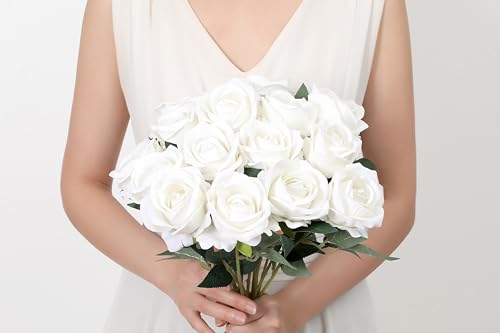 SITUMEIZI 15PCS White Artificial Roses Silk Flowers Fake Roses Realistic Bouquet Long Stem with Gift Box for Mother's Gift Day Home Party Wedding Decorations - color: White