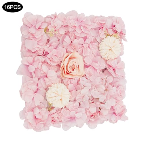 Wedding Arch Artificial Flowers Panels, 16pcs Silk Rose Floral Wall Backdrop, 13.8 x 13.8in Artificial Flowers Garland for Wedding Party Table Decoration, White (Pink, 16 Pcs) - color: Pink, size: 16 Pcs