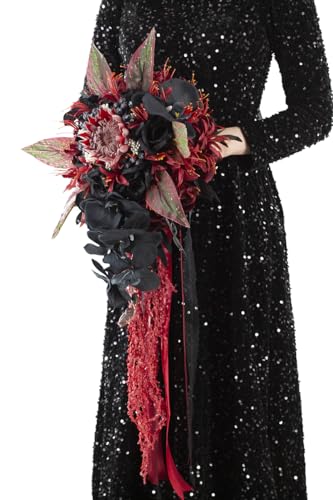 12 Inch Cascade Wedding Bouquets for Bride, Black & Burgundy Cascading Bridal Bouquet for Wedding Silk Artificial Flowers - color: Black & Burgundy