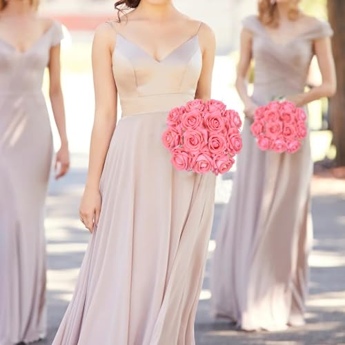 Pink Roses Artificial Flowers 16pcs Velvet Artificial Roses with Stems 3.15" Pink Fake Roses for Bridal Bouquet Wedding Flowers for Floral Centerpieces Home Party Decor (Pink) - color: 3.15" Pink