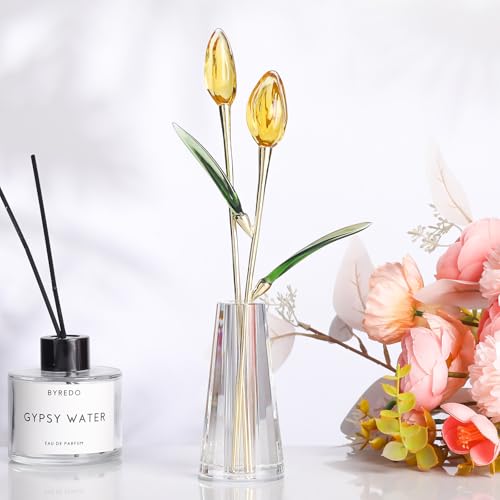 LONGWIN Crystal Tulips Flower Figurine Collectible with Vase Glass Spring Bouquet Flowers with Stem Home Decor Gift for Women Mom - color: Long - Gold