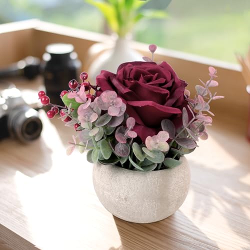 2 Pack Artificial Flowers with Pot, Silk Burgundy Rose Potted Plants Faux Flowers in Vase Small Plants Table Centerpiece Home Office Desk Shelves Living Room Floral Decorations - color: 2 Pack Burgundy Rose