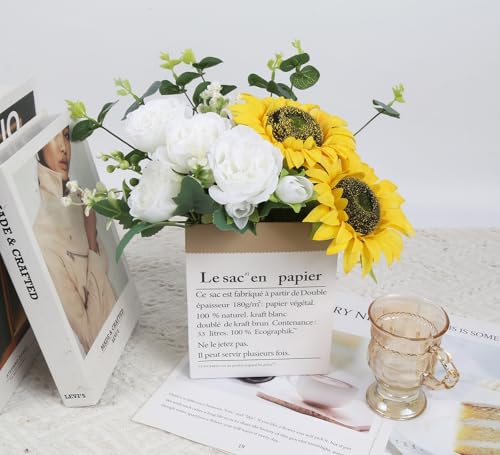 Sunflower Artificial Flowers Mixed Silk Fake Peonies Bouquet with Eucalyptus Stems for Floral Arrangement Spring Wedding Bride Home Table Centerpiece Decorations(White) - color: White