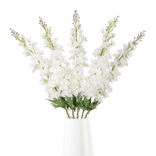 IPOPU 40" White Delphinium Artificial Flowers 5PCS Faux Delphinium Larkspur Silk Flowers Long Stem Artificial Flowers for Home Wedding Floral Arrangement Centerpiece Decor(White) - color: White