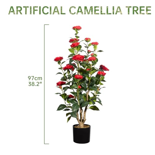 Romantic Season 2Pack Artificial Camellia Tree, 3FT, Red Faux Camellia Plant, Fake Potted Flower Tree for Modern Homes - color: Red, size: 3FT