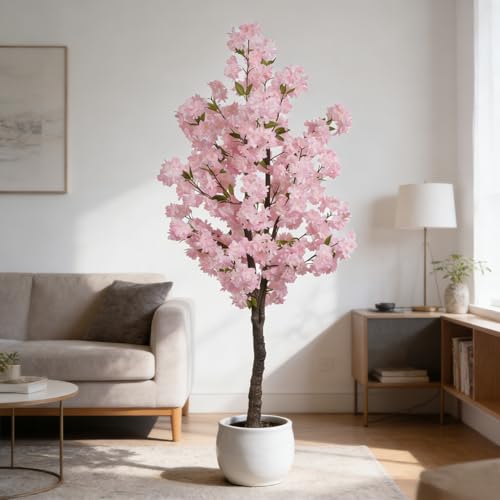 BINCUE Artificial Pink Cherry Blossom Tree Fake Tree Cherry Blossom Decor Fake Flowers Faux Flowering Tree Pink Flowers Floral Artificial Plants for Indoors Outdoors Room Home Decor Gift 5.6FT - color: Pink-06ap