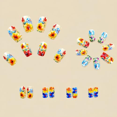 24 Pcs Press-on Nails, Square, Glossy, Floral Modern, Multicolor, ABS Material, Full Well Tips, False Nails, Easy to Apply, 12 Different Sizes, 1 Set - color: Flower Square12