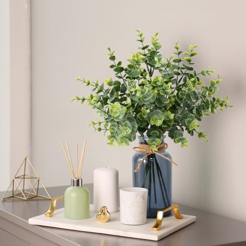 Leftover 8 PCS Faux Eucalyptus Stems in Black Glass Vase,Fake Plants Greenery Stems for Centerpiece Table Decorations,Fake Plants for Black Bathroom Decor(Sage Green) - color: Green