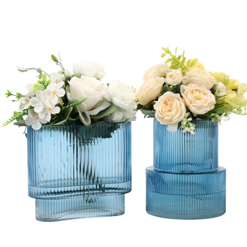 Blue Glass Vases, Set of 2 Ribbed Vases for Flowers, Blue Vase for Tulips, Modern Glass Vase for Living Room, Dining Table, Office, Entryway, Mantle, Bookshelf, Wedding Gifts - color: Blue, size: Ribbed + Oval (2-Pack)