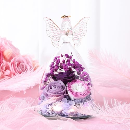 Mothers Day Rose Gifts for Women Preserved Real Flower in Glass Angel Figurines Roses for Delivery Prime Birthday Gifts for Mom Grandma Girlfriend Wife Her, Colorful Purple - color: Colorful Purple