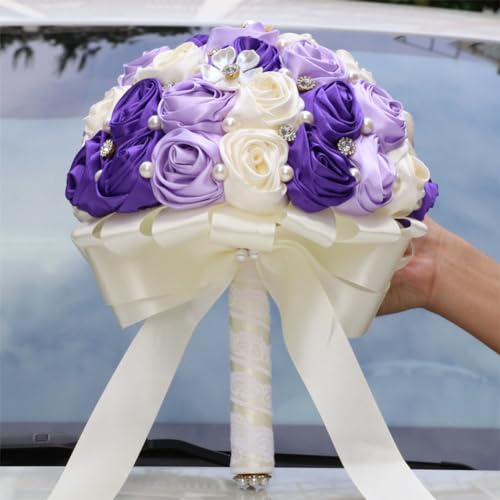 Bridal Wedding Bouquet with Rhinestone Brooch Pearl Rose Flower Bouquet for Bride Bridesmaid Wedding Quinceanera Purple Light Purple and Ivory 8.7in - color: Purple & Light Purple & Ivory, size: Large (DIA. 8.7"/22cm)
