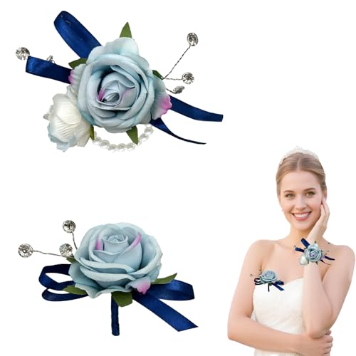 Blue Corsage and Boutonniere Set for Bride Groom, Artificial Rose Flowers Wrist Corsage Bracelets Homecoming Flower Prom Suit Accessories Boutonniere for Wedding Prom Party Decorations - color: Blue