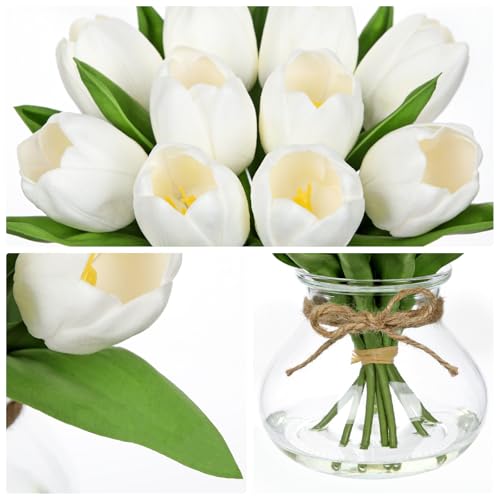DILATATA Tulips Artificial Flowers in Vase White Fake Flowers Centerpiece with Glass Vase with Faux Water Faux Tulip Bouquet Floral Arrangement for Table Home Office Decor Wedding Thanksgiving - color: Round Vase**/White/1 Set