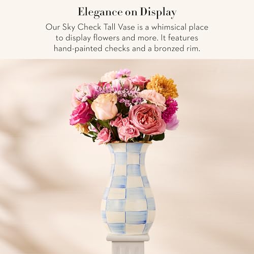 MACKENZIE-CHILDS Enamel Vase, Unique Flower-Vase Decor for Living Room, Tall, Light-Blue-and-White Sky Check - color: Sky Check
