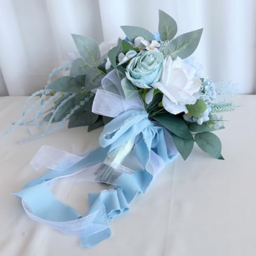 9.8 Inch Cascade Bridal Bouquet for Bride with Artificial Rose Flower Greenery Rustic Cascading Bridal Bride Wedding Bouquet Flower Wedding Champagne and Light Blue - color: Light Blue & Champagne