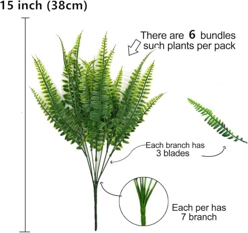 PASYOU Fake Boston Fern Shrubs Artificial Plants Faux Ferns Plastic Leaves Plant for Indoor Outdoor Home Porch Garden Decor Greenery Grass Flowers Stems Party Wedding Bundles DIY Decorations 6 Pack - color: Boston Ferns / 6 Pack