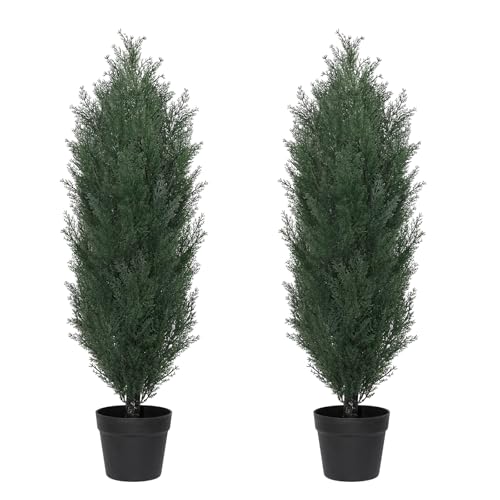 THE BLOOM TIMES 3ft Topiary Trees Artificial Outdoor Set of 2, UV Resistant Faux Cedar Pine Cypress Bushes & Shrubs, Fake Plants for Front Porch Outside Planter Patio Decor 3 Foot Tall - color: Dark Green Cedar Trees, size: 3 Foot