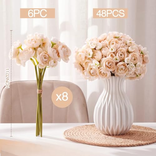 Giegxin 48 Pcs Ranunculus Artificial Flower,Real to Lifelike Peonies Artificial Flower Silk Faux DIY Bouquet for Wedding Bridal Shower Valentine Centerpieces Arrangements Home Decorations(Champagne) - color: Champagne