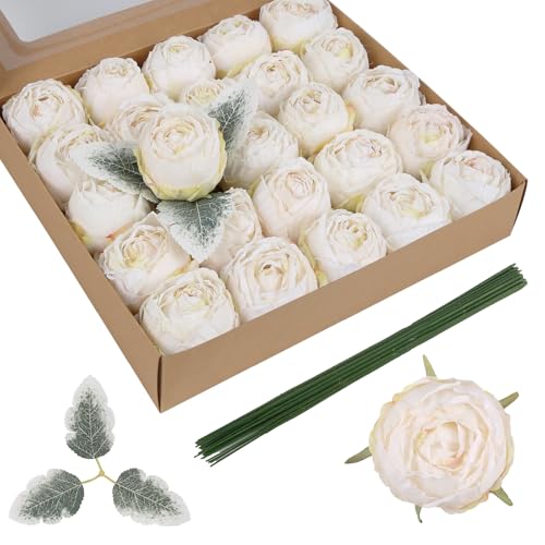 24PCS Ivory Peony Artificial Flowers 2.56" Fake Flower Heads Silk Peonies with Stems for Wedding DIY Bouquets Cake Party Home Decoration (Ivory) - color: Ivory