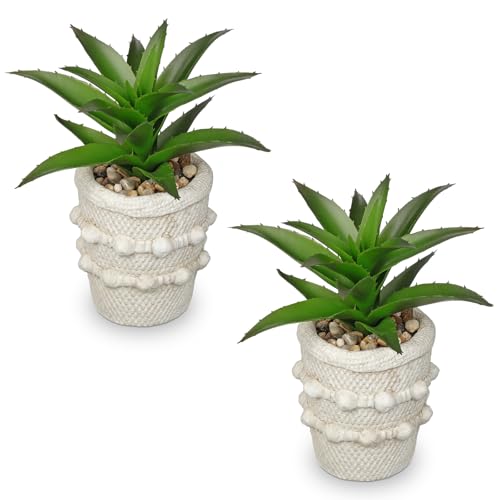 Hollyone 2 Pack Small Artificial Succulents Agave Plants Potted Fake Spiked Succulent Plant in Rustic Pot Mini Faux Plant Agave Aloe Plant Indoor for Office Desk Farmhouse Home Table Shelf Boho Decor - color: Green #1