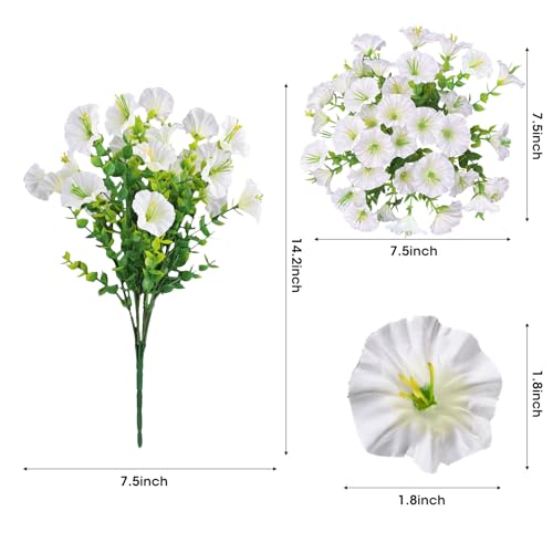 Ouddy Decor 24 Bundles Artificial Flowers for Outdoors Decoration Fake Silk Morning Glory Flowers Faux Eucalyptus Plants UV Resistant for Porch Patio Garden Spring Summer Home Decor, White - color: White