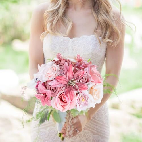 Dusty Rose Artificial Flowers, Fake Rose Dusty Pink Flowers Faux Flower Arrangements Centerpieces Table Decor Wedding Party Baby Showers Home Cake Floral Decorations - color: Pink