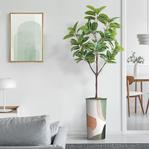 Artificial Tree in Multicolor Textured Geometric Shapes Illustrations Planter, Fake Magnolia Tree for Indoor and Outdoor Home Decoration - 70" Overall Tall (Plant Pot Plus Tree) - style: Magnolia Tree