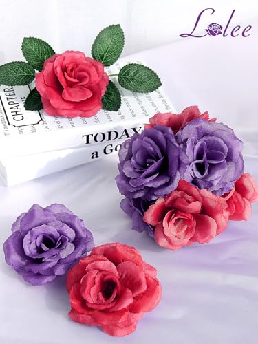 LELEE 108pcs Roses Head Flowers with Stem, Purple & Red Artificial Cemetery Flowers Rose Bulk, Violet Silk Rose for Flower Arrangements Spring Gravesite Funeral Bouquets Memorial Grave Decor - color: Wine-purple