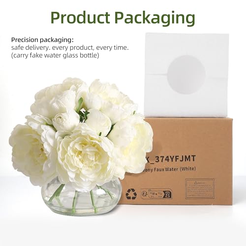 Artificial Peonies with Glass Vase, Faux Peony Fake Flowers with Faux Water, Silk Flower Arrangements for Home Decor, Bathroom, and Table Centerpiece Decorations Home Centerpiece Floral (White) - color: White, size: Peony, Silk
