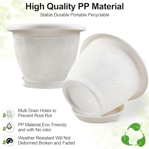 Plastic Flower Pots Planters For Indoor Plants, 3 Pack 10 Inch White Plant Pots With Drainage Hole & Tray, Modern Decorative Large Plant Pot With Saucer For Indoor Outdoor Plants Garden House Planter - color: White, size: 10 inch-3 pack